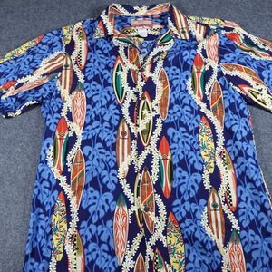 RJC Mens Hawaiian Shirt Large Blue Surfboard Hibiscus Made in Hawaii 102C